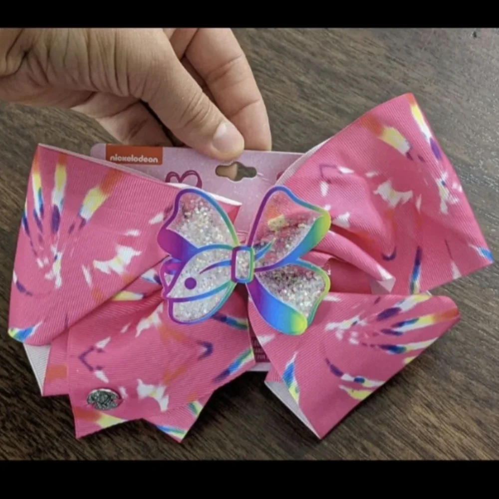 JOJO SIWA Girls Large Pink Hair Bow With Tie Dye Stripes & Glitter Shaker